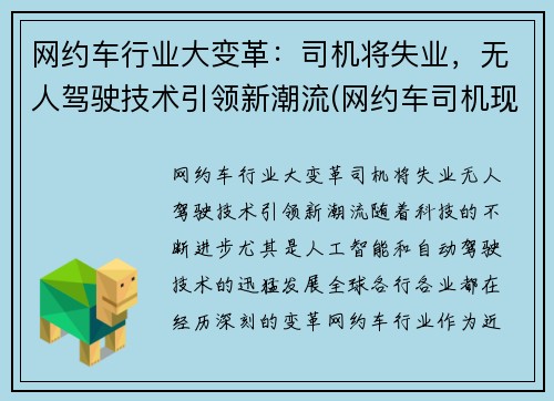 网约车行业大变革：司机将失业，无人驾驶技术引领新潮流(网约车司机现状)