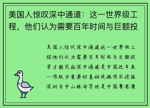 美国人惊叹深中通道：这一世界级工程，他们认为需要百年时间与巨额投资才能完成