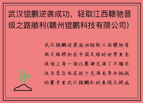 武汉锟鹏逆袭成功，轻取江西赣驰晋级之路顺利(赣州锟鹏科技有限公司)