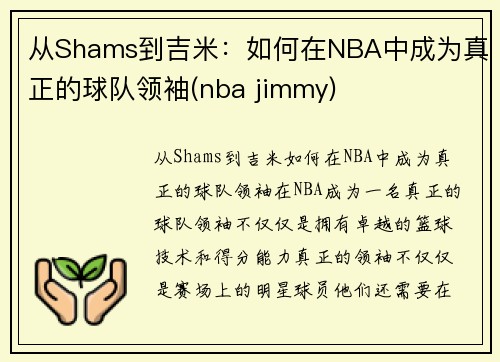 从Shams到吉米：如何在NBA中成为真正的球队领袖(nba jimmy)