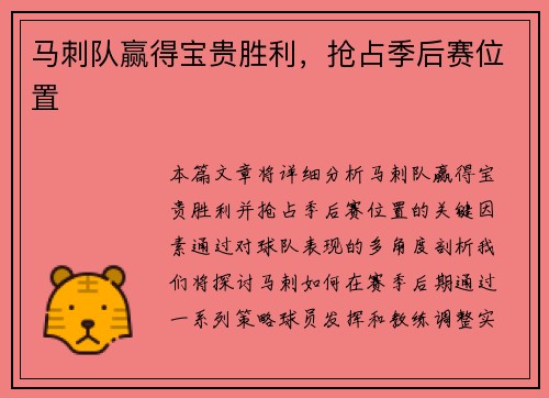 马刺队赢得宝贵胜利，抢占季后赛位置