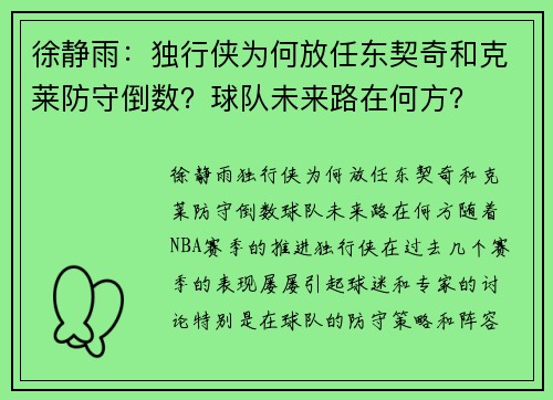 徐静雨：独行侠为何放任东契奇和克莱防守倒数？球队未来路在何方？