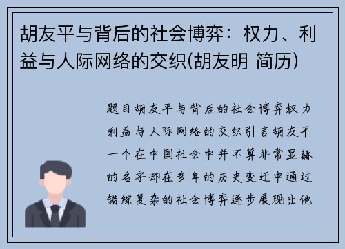胡友平与背后的社会博弈：权力、利益与人际网络的交织(胡友明 简历)